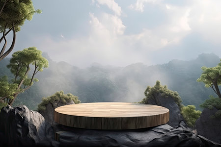 Rock podium in tropical forest for product presentation Behind is a view of the sky.3d rendering.Generative AIの素材