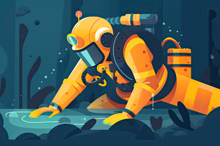 Diver in uniform underwater repair pipe. Man in protective gear fixing tube lines under water.Generative AIの素材