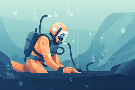 Diver in uniform underwater repair pipe. Man in protective gear fixing tube lines under water.Generative AIの素材