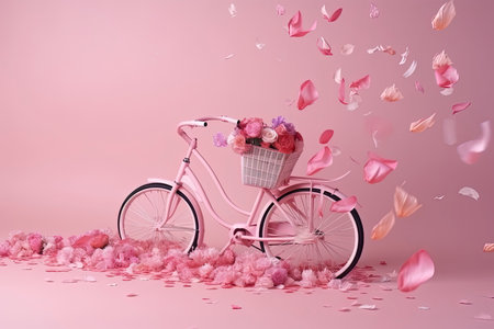 Flowers fly out from pink bicycle bascet on pink background. Romanitic concept for Valentine day.Generative AIの素材