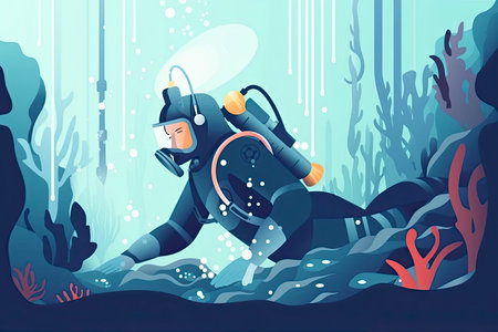 Diver in uniform underwater repair pipe. Man in protective gear fixing tube lines under water.Generative AIの素材