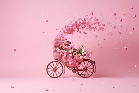 Flowers fly out from pink bicycle bascet on pink background. Romanitic concept for Valentine day.Generative AIの素材