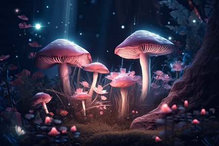 Magical fantasy mushrooms in enchanted fairy tale dreamy elf forest with fabulous fairytale blooming pink rose flower and butterfly on mysterious background, shiny glowing stars and moon rays in night.Generative AIの素材