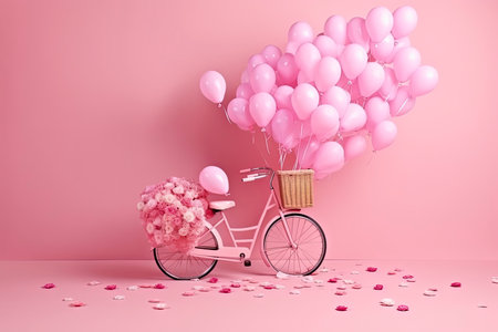 Flowers fly out from pink bicycle bascet on pink background. Romanitic concept for Valentine day.Generative AIの素材