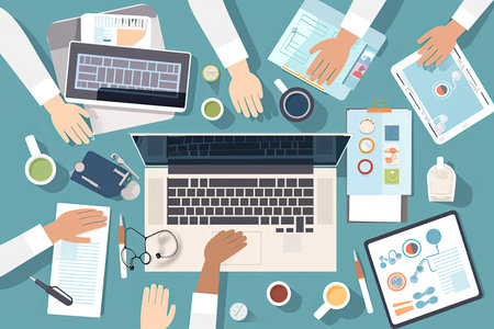 Online healthcare and telemedicine concept. Top view and flat-lay of doctors hands whiting online during virtual meeting consultation with patient vector illustration.Generative AIの素材