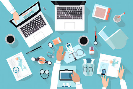 Online healthcare and telemedicine concept. Top view and flat-lay of doctors hands whiting online during virtual meeting consultation with patient vector illustration.Generative AIの素材