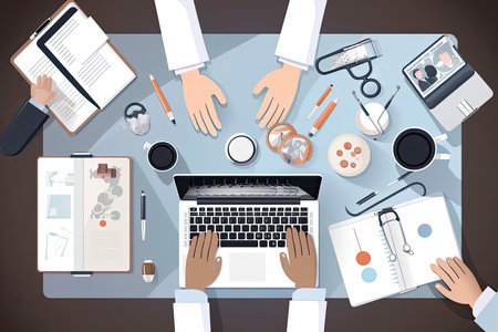 Online healthcare and telemedicine concept. Top view and flat-lay of doctors hands whiting online during virtual meeting consultation with patient vector illustration.Generative AIの素材