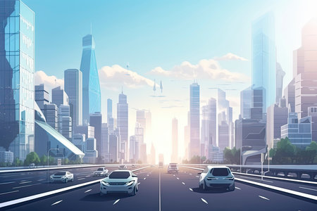 Road in the city with autonomous Driverless cars and people walking on the street. In the background skyline skyscrapers.Generative AIの素材