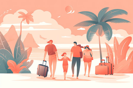Vector illustration of a happy family, two parents and their little daughter, going on vacation on a tropical beach. They have just arrived and are carrying bags and suitcases. Concept for tourism, family and summer vacations.Generative AIの素材