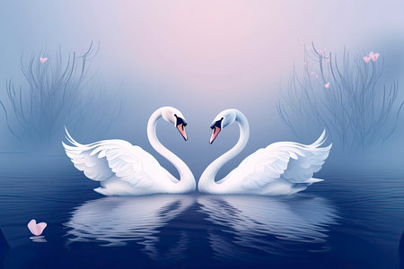 Valentines Day with two swans on a blue haze background.Generative AIの素材