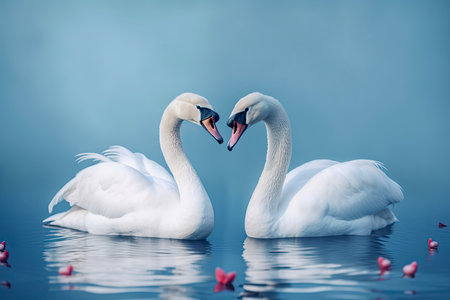 Valentines Day with two swans on a blue haze background.Generative AIの素材