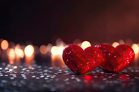 Valentines Red Hearts On Shiny Glitter Background With Defocused Abstract Lights.Generative AIの素材