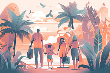 Vector illustration of a happy family, two parents and their little daughter, going on vacation on a tropical beach. They have just arrived and are carrying bags and suitcases. Concept for tourism, family and summer vacations.Generative AIの素材
