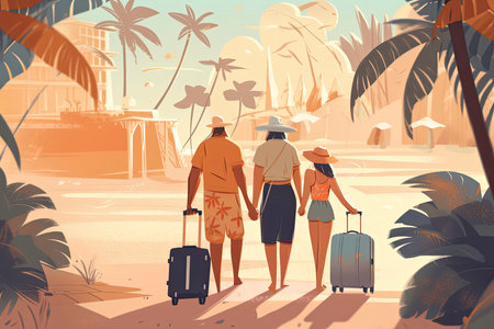Vector illustration of a happy family, two parents and their little daughter, going on vacation on a tropical beach. They have just arrived and are carrying bags and suitcases. Concept for tourism, family and summer vacations.Generative AIの素材