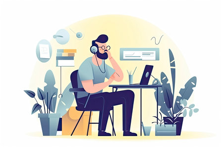 Technical Support Template Concept Flat Design Icon. Hotline. Online Chat. Male Character Sitting at Desk.Generative AIの素材