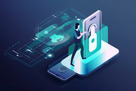 User two-factor authentication technology via mobile phone. Identification human in mobile bank for internet payments or access confidential information. Fintech isometric concept. Digital safety.Generative AIの素材