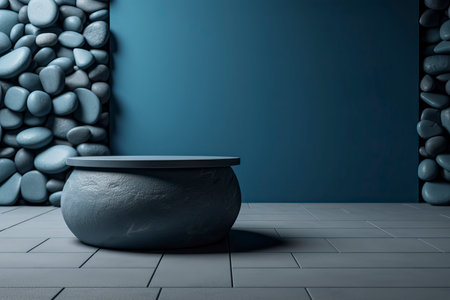 A beautiful blue background for presentations with a podium and masonry round stones in a soothing color scheme.Generative AIの素材