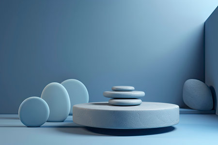 A beautiful blue background for presentations with a podium and masonry round stones in a soothing color scheme.Generative AIの素材