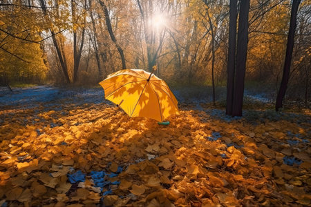 Beautiful autumn background landscape. Carpet of fallen orange autumn leaves in park and blue umbrella. Leaves fly in wind in sunlight. Concept of Golden autumn.Generative AIの素材