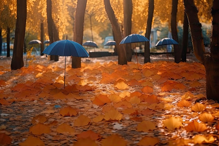 Beautiful autumn background landscape. Carpet of fallen orange autumn leaves in park and blue umbrella. Leaves fly in wind in sunlight. Concept of Golden autumn.Generative AIの素材