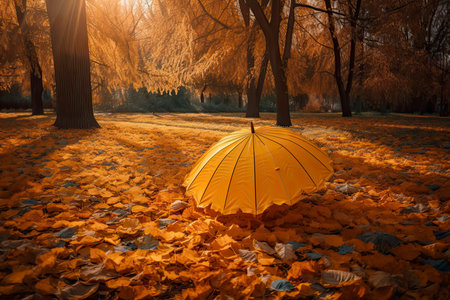 Beautiful autumn background landscape. Carpet of fallen orange autumn leaves in park and blue umbrella. Leaves fly in wind in sunlight. Concept of Golden autumn.Generative AIの素材