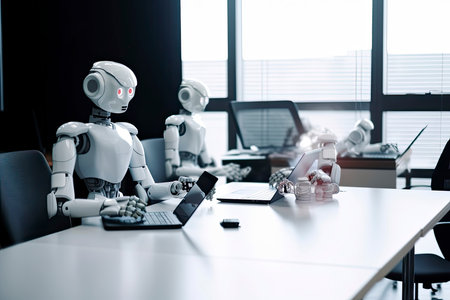 AI robots meeting and working on laptop on table in office.Generative AIの素材