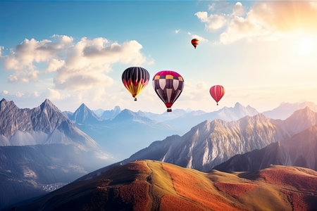 colorful hot air balloons fly in sky beautiful mountain landscape.Generative AIの素材