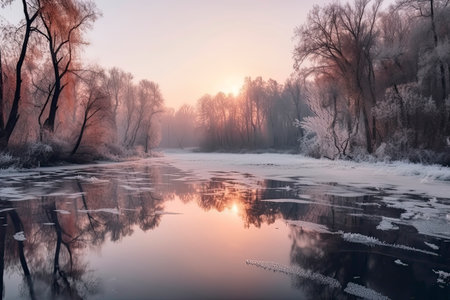 Frozen ice lake in winter in a park in the forest in sunny weather a panoramic view with a blue sky.Generative AIの素材