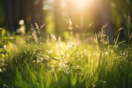 Natural green defocused spring summer blurred background with sunshine. Juicy young grass and foliage on nature in rays of sunlight, scenic framing, Generative AIの素材