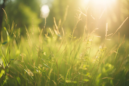 Natural green defocused spring summer blurred background with sunshine. Juicy young grass and foliage on nature in rays of sunlight, scenic framing, Generative AIの素材