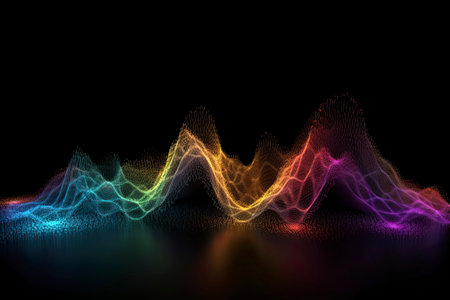 Abstract wave background with many glowing particles. Musical wave. Digital network background. 3D.Generative AIの素材