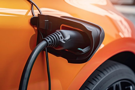 Close up charging an electric car battery, new innovative technology EV Electrical vehicle.Generative AIの素材