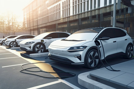 electric vehicle at a charging station in the city. All items in the scene are 3D, charging station and concept cars are not based on any real ones.Generative AIの素材