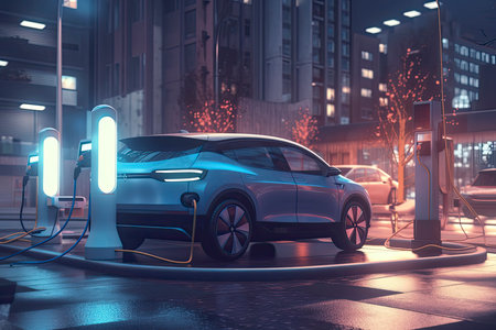 electric vehicle at a charging station in the city. All items in the scene are 3D, charging station and concept cars are not based on any real ones.Generative AIの素材