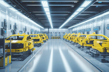 Automation automobile factory concept with 3d rendering robot assembly line with electric car battery cells module on platform.Generative AIの素材