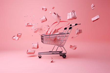 Flying shopping cart with shopping bags on a pink background.Generative AIの素材