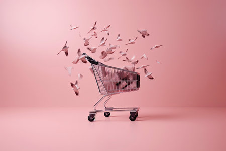 Flying shopping cart with shopping bags on a pink background.Generative AIの素材