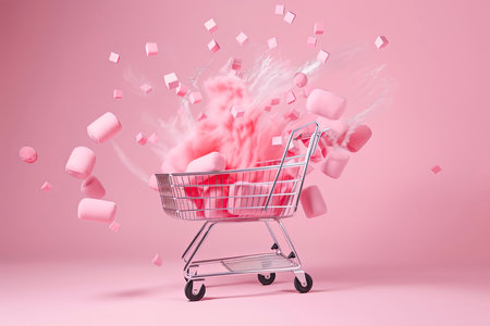 Flying shopping cart with shopping bags on a pink background.Generative AIの素材