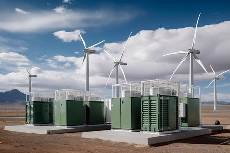 Green Hydrogen renewable energy production facility - green hydrogen gas for clean electricity solar and windturbine facility.Generative AIの素材