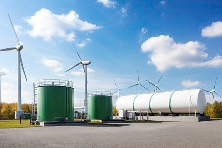 Green Hydrogen renewable energy production facility - green hydrogen gas for clean electricity solar and windturbine facility.Generative AIの素材