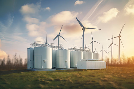 Green Hydrogen renewable energy production facility - green hydrogen gas for clean electricity solar and windturbine facility.Generative AIの素材