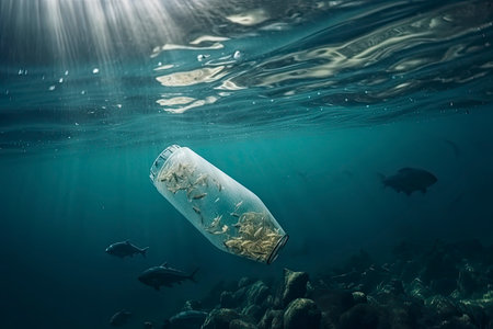 Plastic bottle floating in ocean with aquatic animal, fish. Pollution of plastic and Garbage in open sea concept.Generative AIの素材