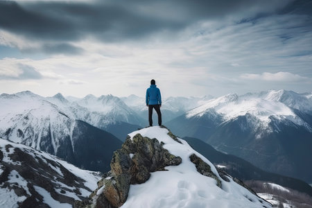 Man standing on the top of a snowcapped mountain peak. Panoramic view.Generative AIの素材