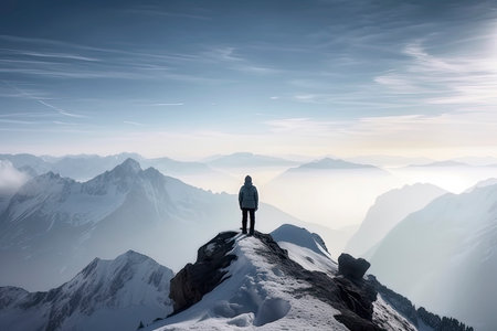 Man standing on the top of a snowcapped mountain peak. Panoramic view.Generative AIの素材