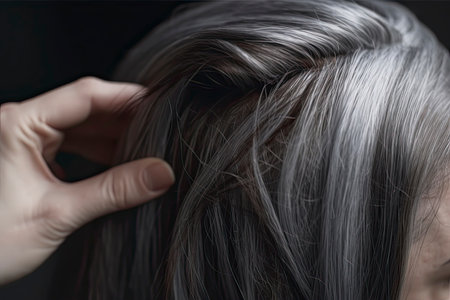 A woman showing her gray hair roots. Going gray concept. Close up.Generative AIの素材