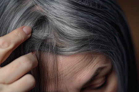 A woman showing her gray hair roots. Going gray concept. Close up.Generative AIの素材