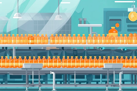 Beverage factory interior. Conveyor with bottles for juice or water. Modern equipments.Generative AIの素材