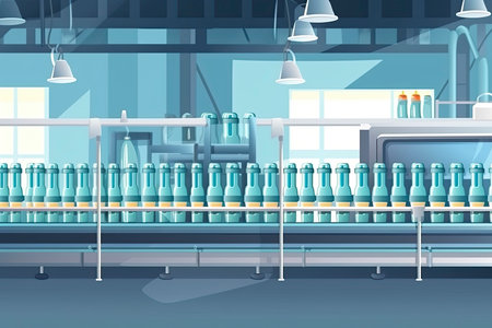 Beverage factory interior. Conveyor with bottles for juice or water. Modern equipments.Generative AIの素材
