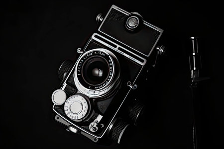 flat lay of a vintage retro camera on a black and white backdrop.Generative AIの素材
