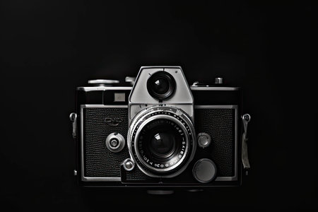 flat lay of a vintage retro camera on a black and white backdrop.Generative AIの素材